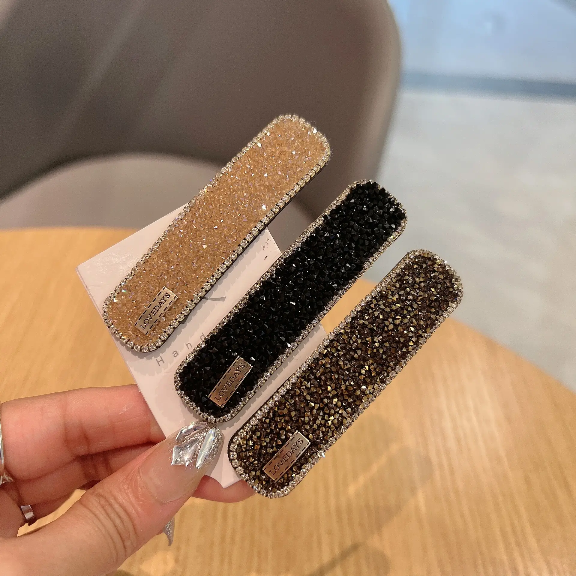 Full Diamond Hair Clips Black Gold Side Bang Clip - Image 10