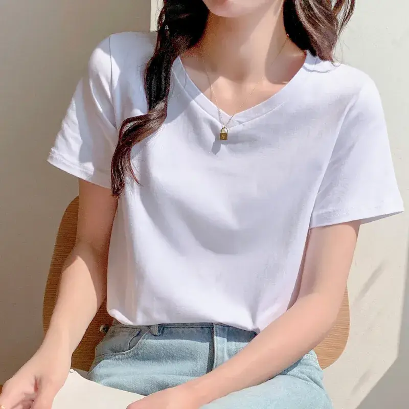 Pure Cotton White V-Neck T-Shirt Women 2025 Summer - Image 6