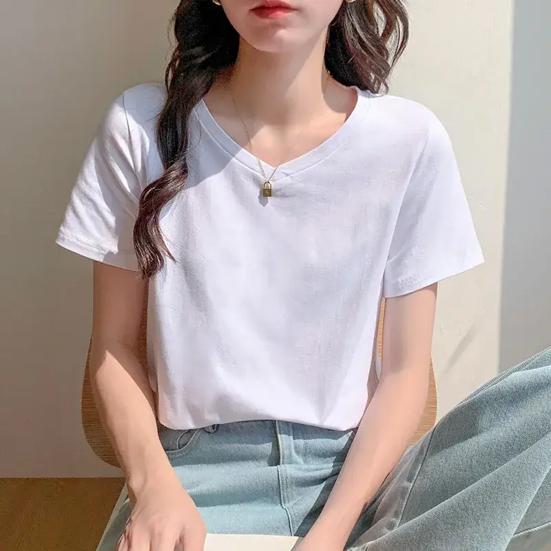 Pure Cotton White V-Neck T-Shirt Women 2025 Summer - Image 7