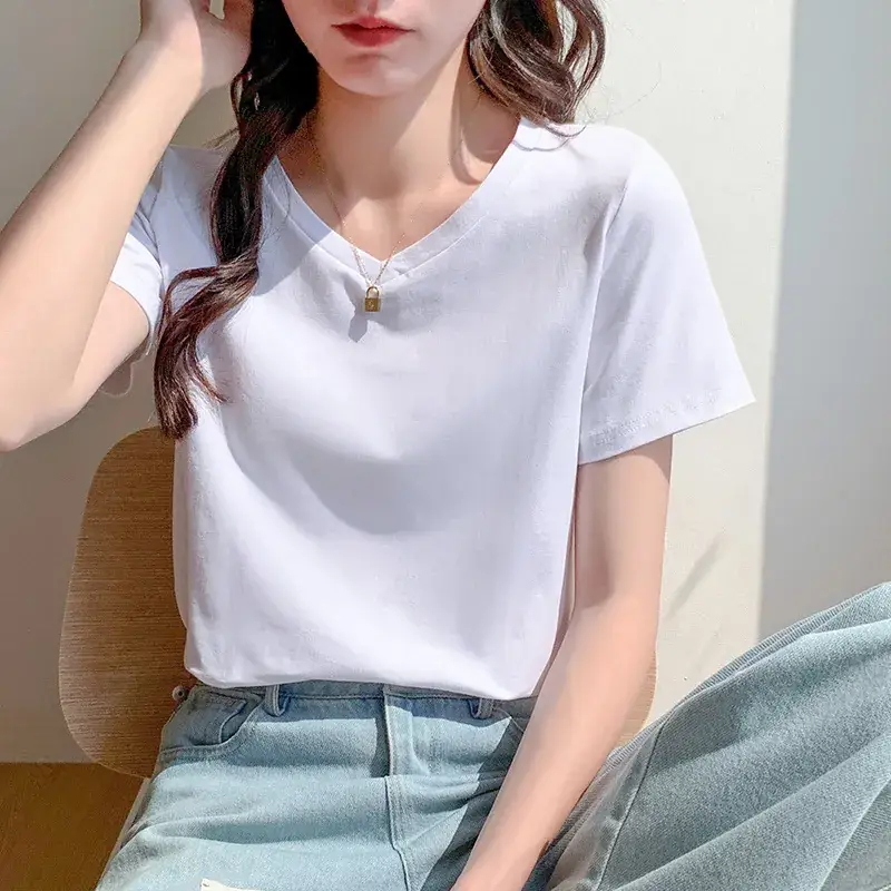Pure Cotton White V-Neck T-Shirt Women 2025 Summer - Image 8