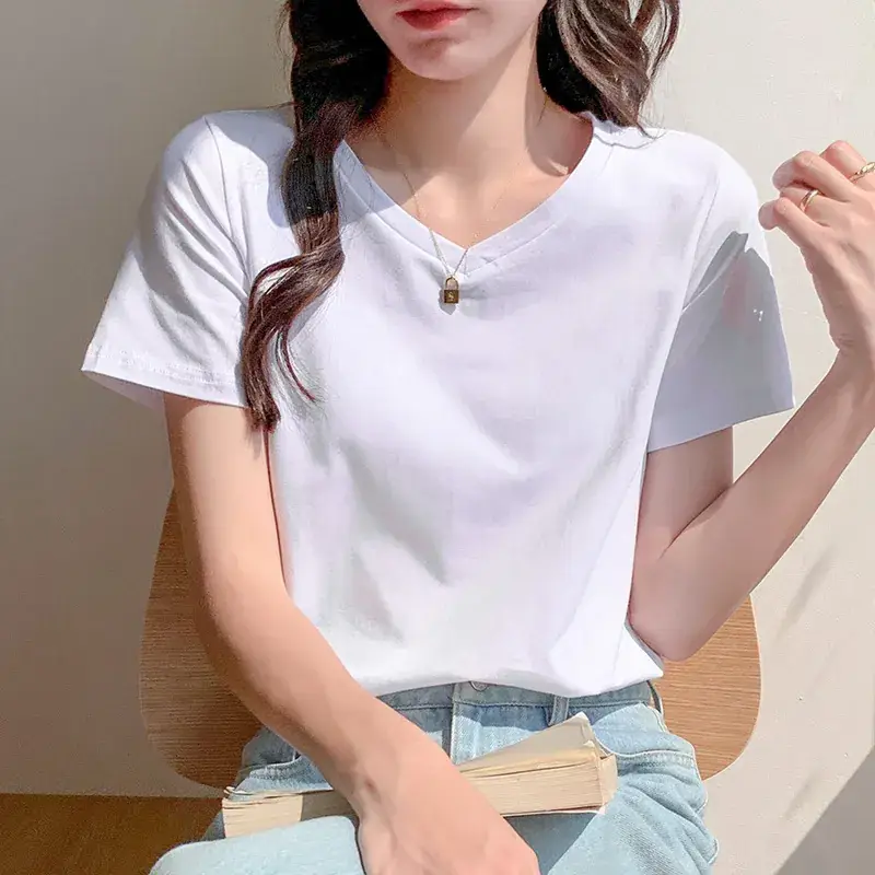 Pure Cotton White V-Neck T-Shirt Women 2025 Summer - Image 9