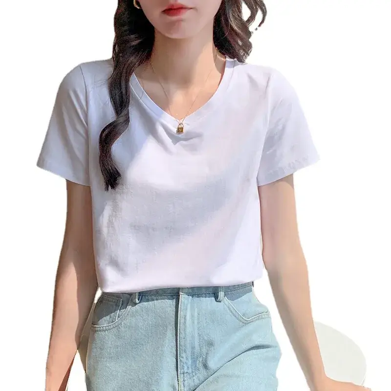 Pure Cotton White V-Neck T-Shirt Women 2025 Summer - Image 10