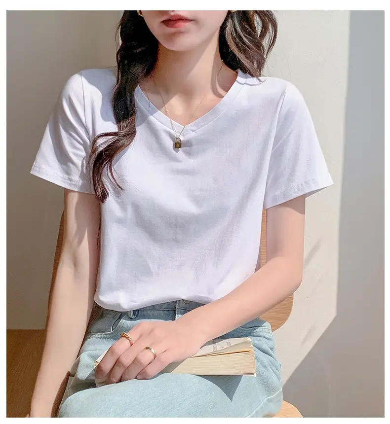 Pure Cotton White V-Neck T-Shirt Women 2025 Summer — feature 10
