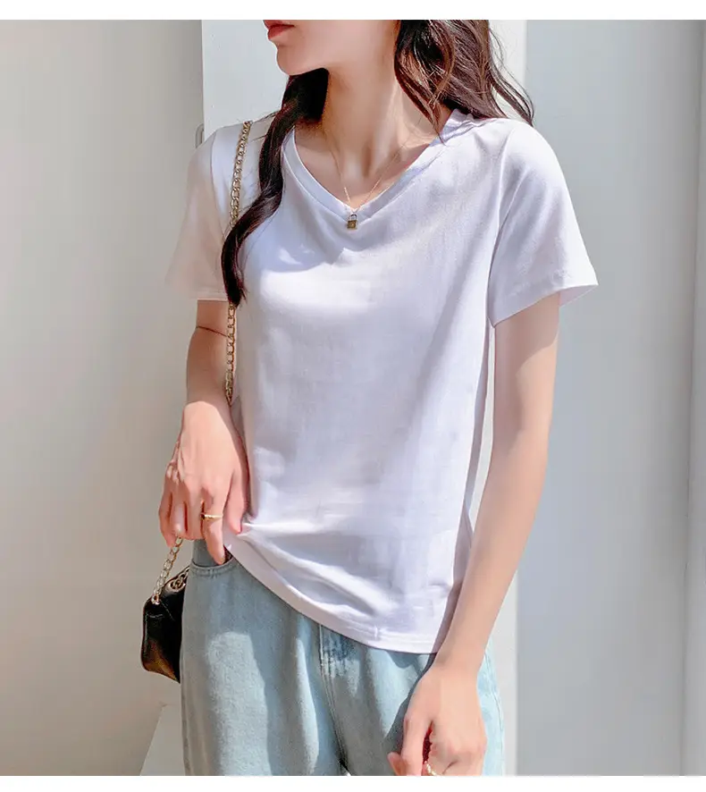 Pure Cotton White V-Neck T-Shirt Women 2025 Summer — feature 11
