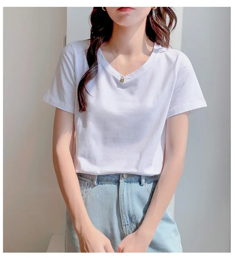 Pure Cotton White V-Neck T-Shirt Women 2025 Summer — feature 6
