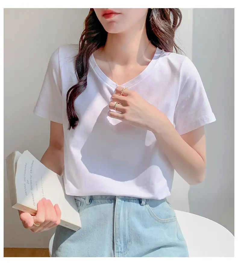 Pure Cotton White V-Neck T-Shirt Women 2025 Summer — feature 7
