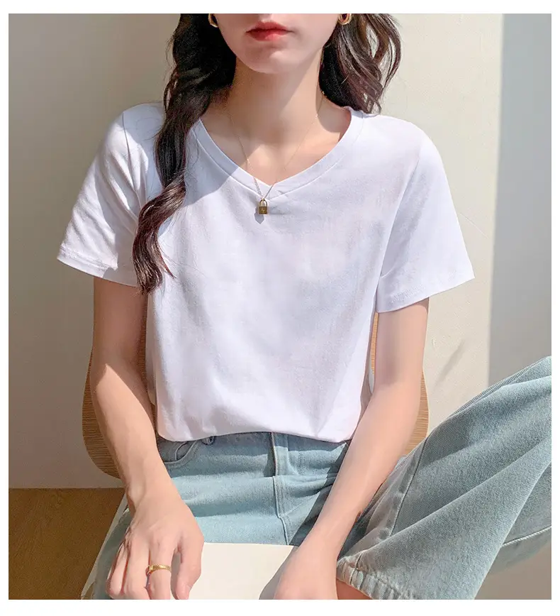 Pure Cotton White V-Neck T-Shirt Women 2025 Summer — feature 8