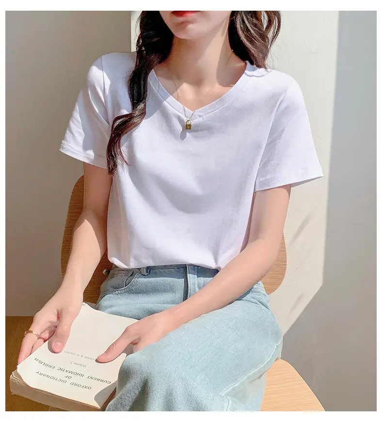 Pure Cotton White V-Neck T-Shirt Women 2025 Summer — feature 9