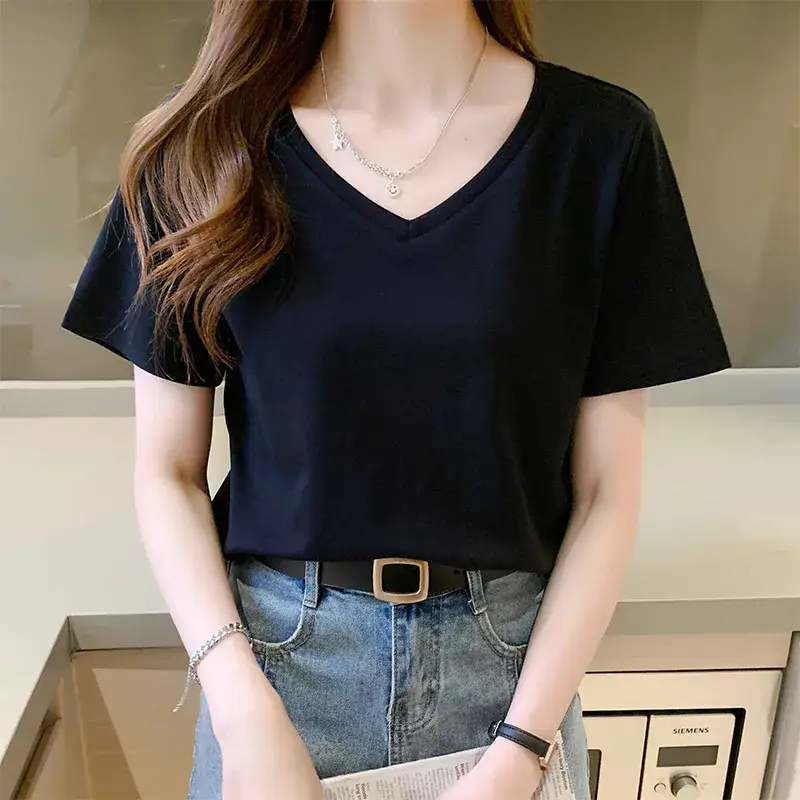 Pure Cotton White V-Neck T-Shirt Women 2025 Summer - Image 2