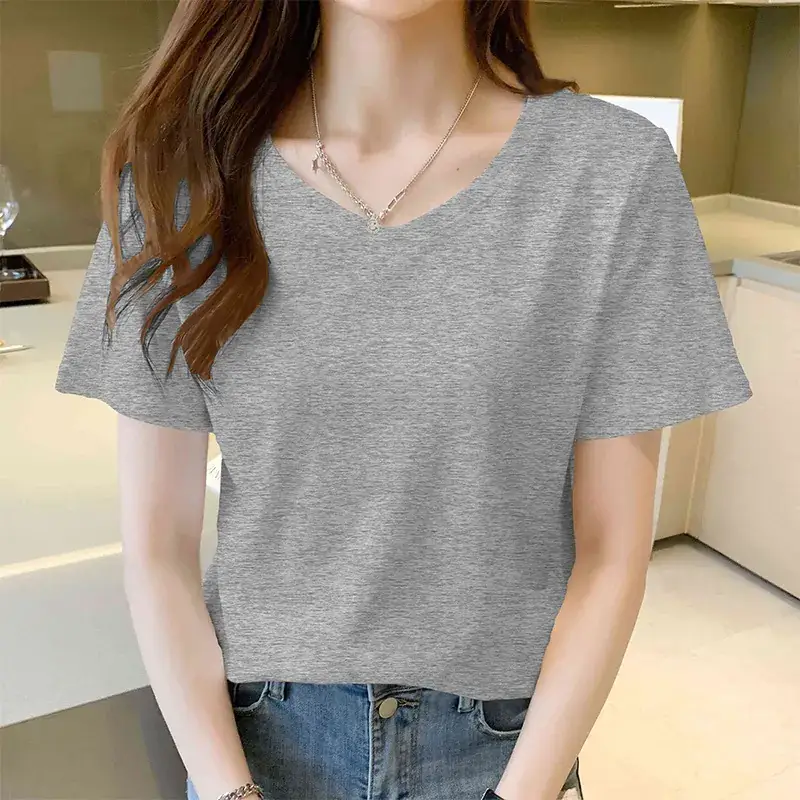 Pure Cotton White V-Neck T-Shirt Women 2025 Summer - Image 3