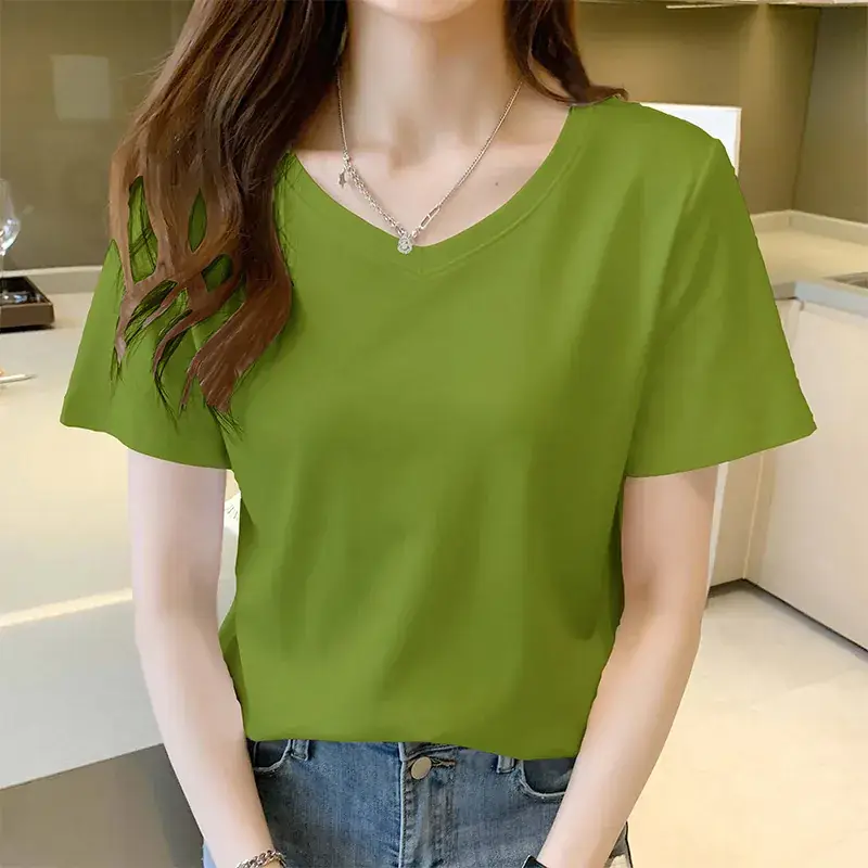 Pure Cotton White V-Neck T-Shirt Women 2025 Summer - Image 4