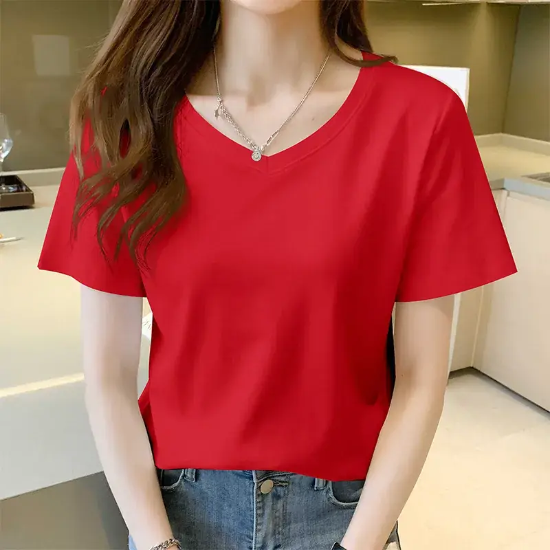 Pure Cotton White V-Neck T-Shirt Women 2025 Summer - Image 5