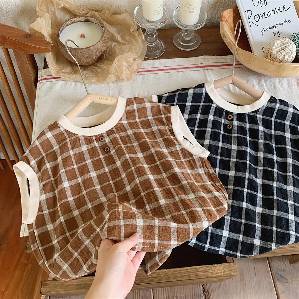 Mengtian Cotton Linen Plaid Short Sleeve T-Shirt for Boys
