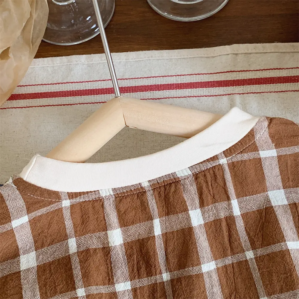 Mengtian Cotton Linen Plaid Short Sleeve T-Shirt for Boys