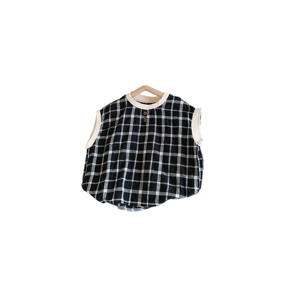 Mengtian Cotton Linen Plaid Short Sleeve T-Shirt for Boys