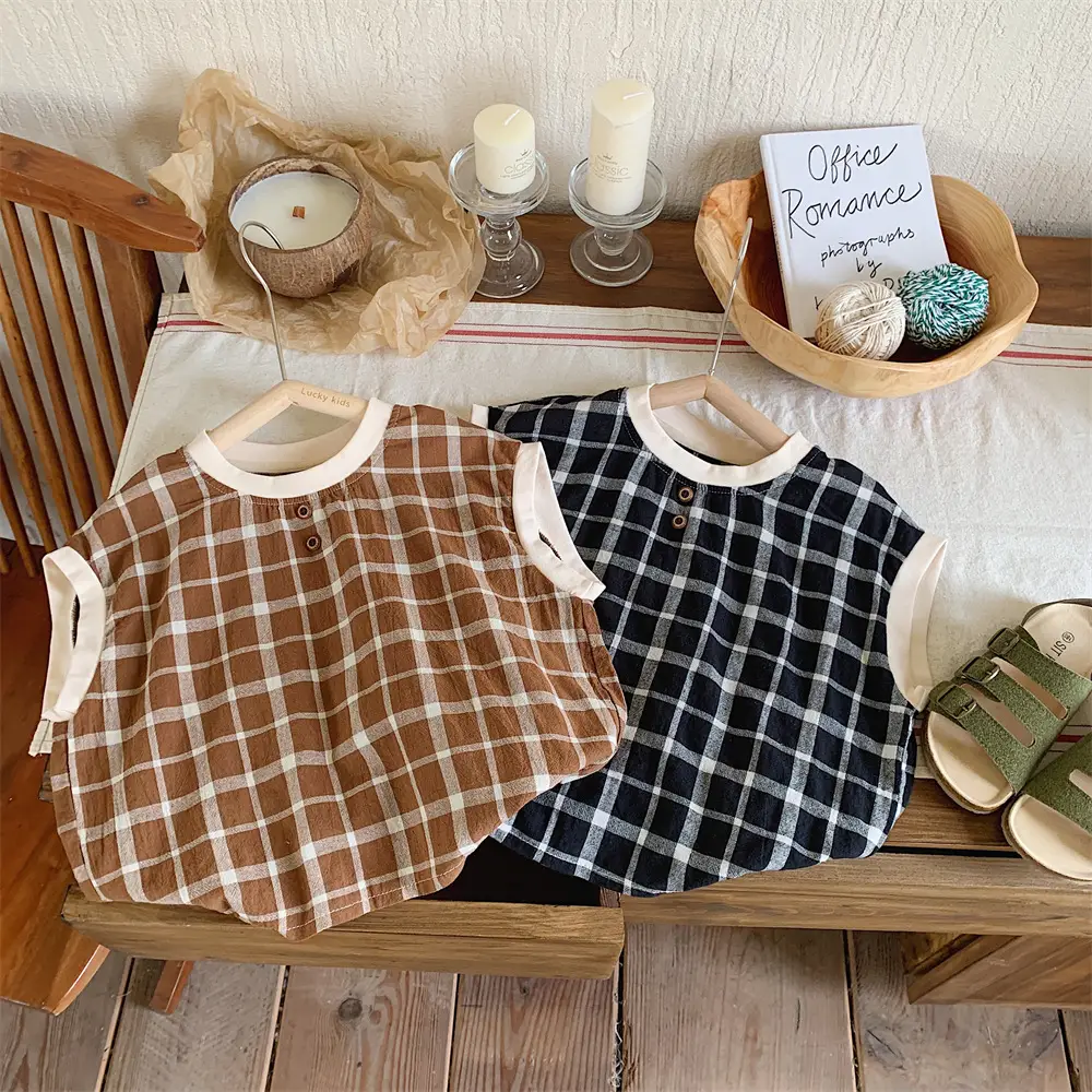 Mengtian Cotton Linen Plaid Short Sleeve T-Shirt for Boys — feature 10