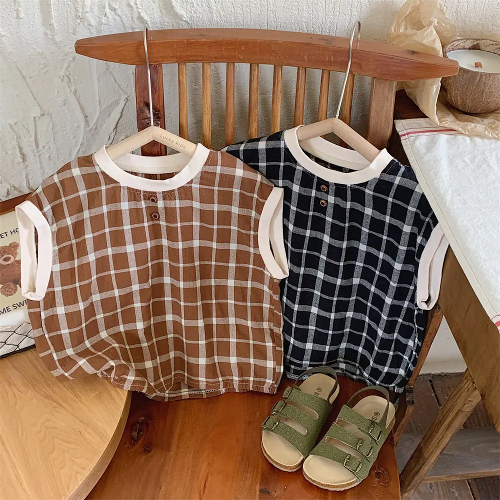 Mengtian Cotton Linen Plaid Short Sleeve T-Shirt for Boys — feature 13