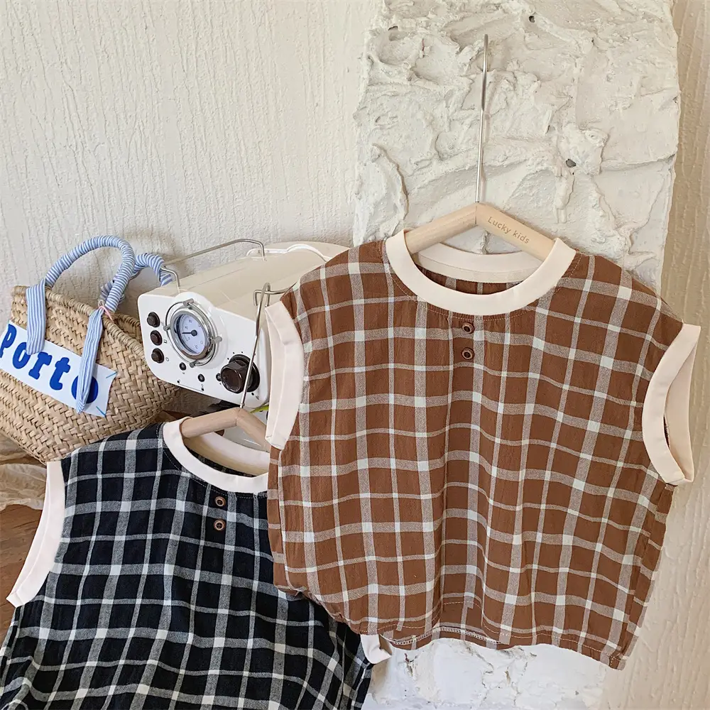 Mengtian Cotton Linen Plaid Short Sleeve T-Shirt for Boys — feature 14