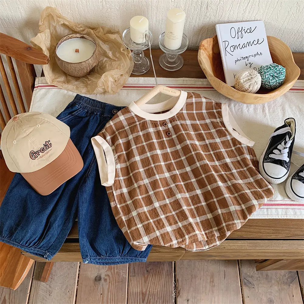 Mengtian Cotton Linen Plaid Short Sleeve T-Shirt for Boys — feature 2