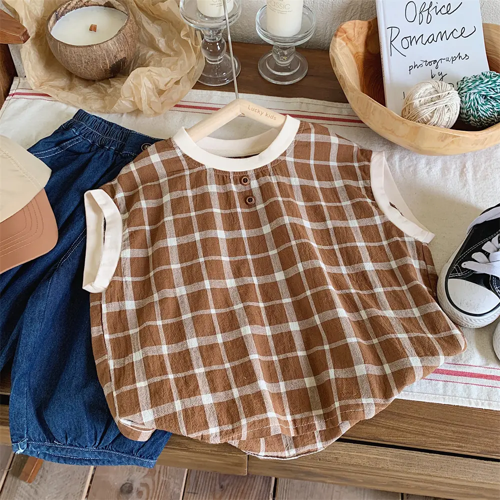 Mengtian Cotton Linen Plaid Short Sleeve T-Shirt for Boys — feature 3