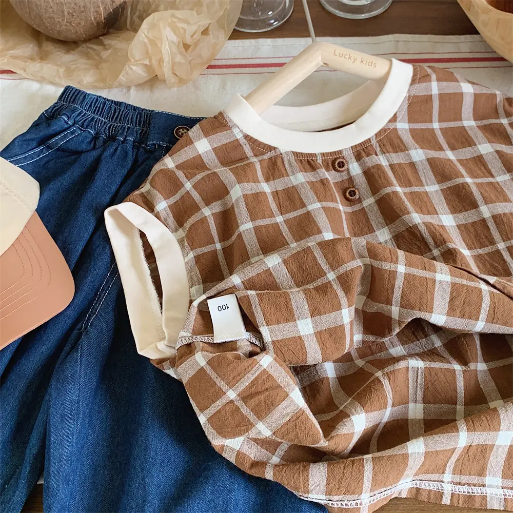 Mengtian Cotton Linen Plaid Short Sleeve T-Shirt for Boys — feature 6