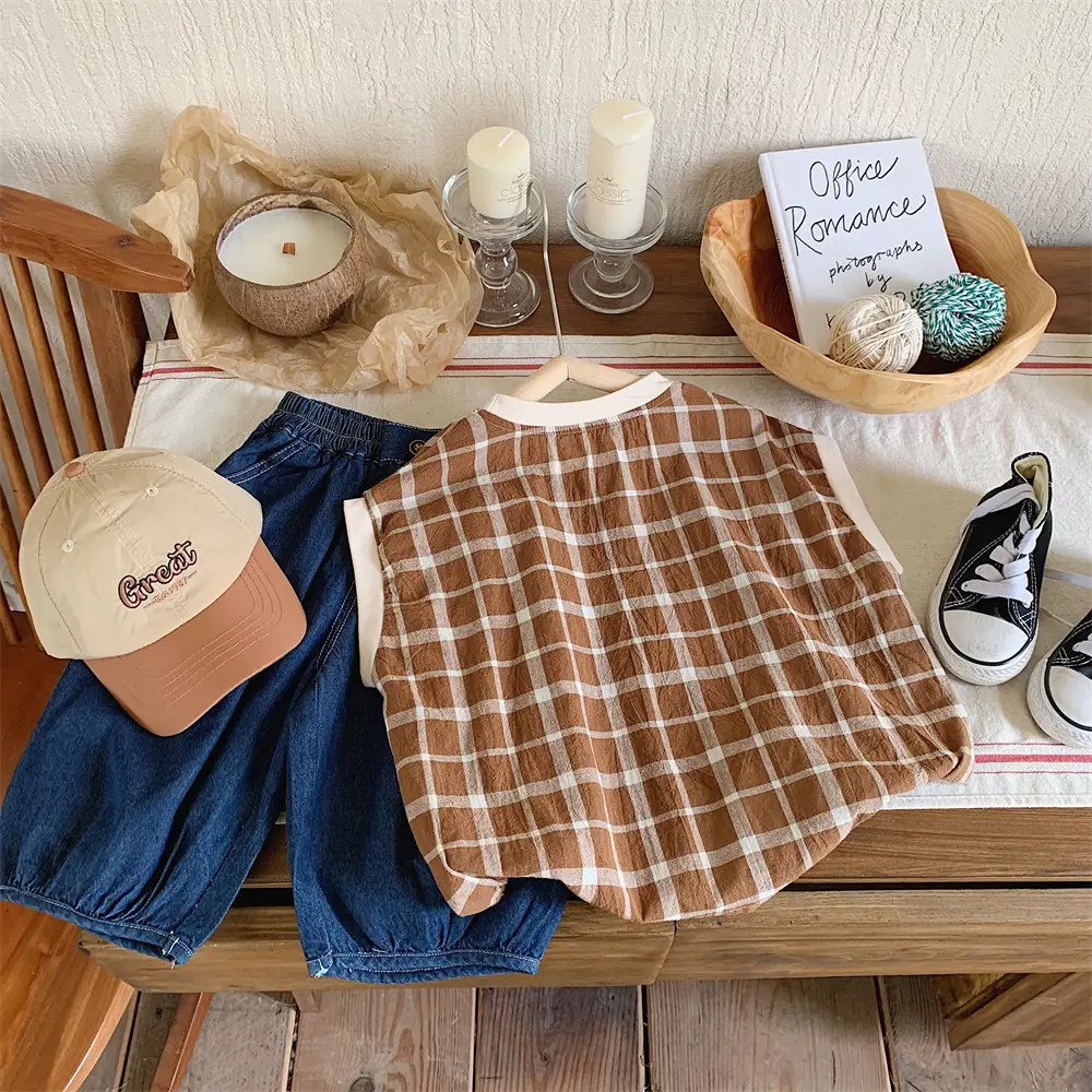 Mengtian Cotton Linen Plaid Short Sleeve T-Shirt for Boys — feature 7