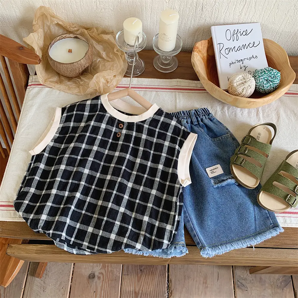 Mengtian Cotton Linen Plaid Short Sleeve T-Shirt for Boys