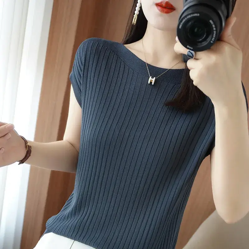 Women Curved Bead Ice Silk Knit T-Shirt 2025 Summer - Image 8