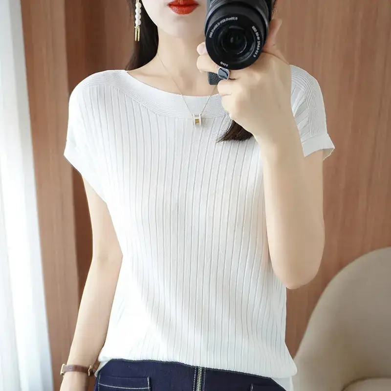 Women Curved Bead Ice Silk Knit T-Shirt 2025 Summer - Image 9