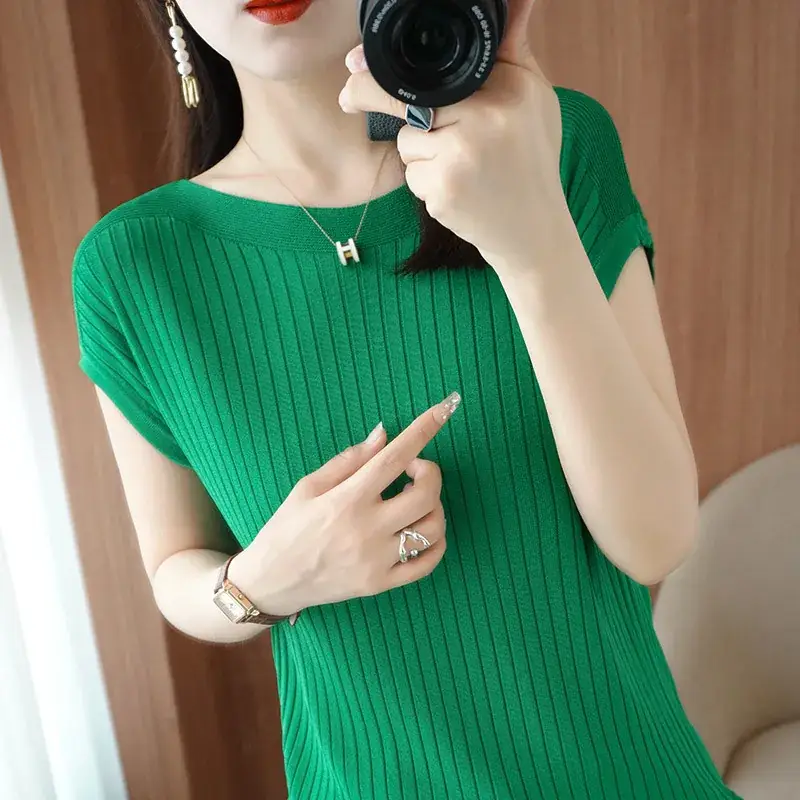 Women Curved Bead Ice Silk Knit T-Shirt 2025 Summer - Image 10