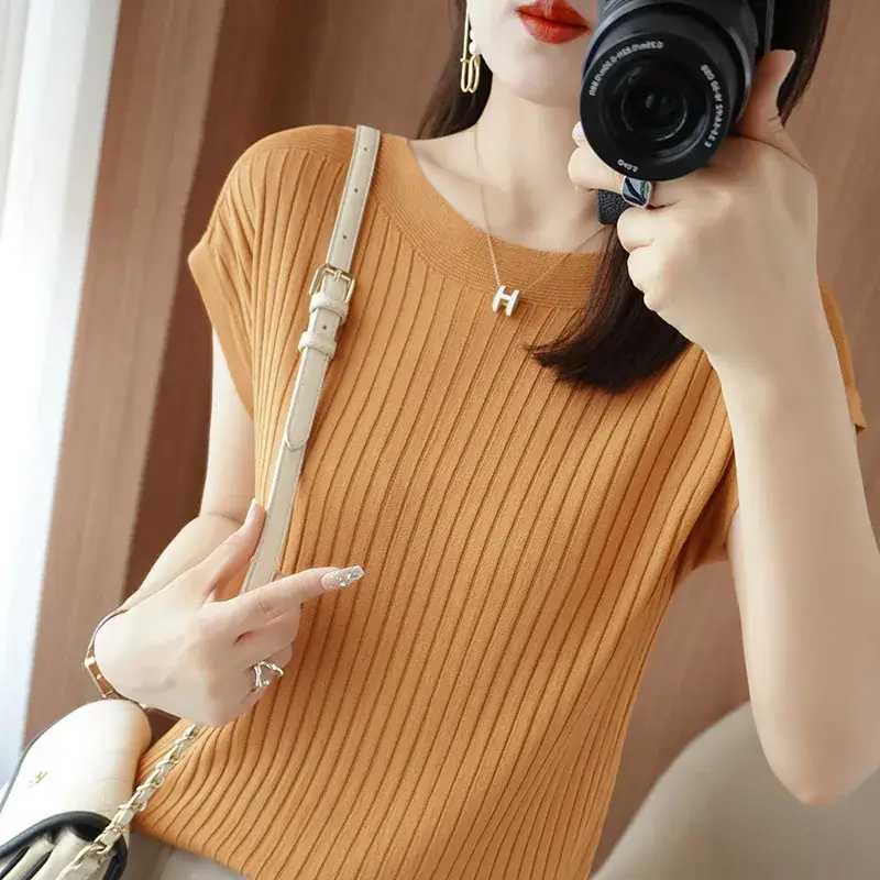 Women Curved Bead Ice Silk Knit T-Shirt 2025 Summer - Image 11