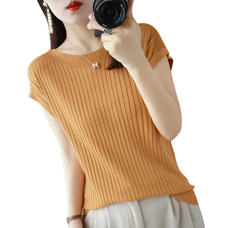 Women Curved Bead Ice Silk Knit T-Shirt 2025 Summer - Image 12
