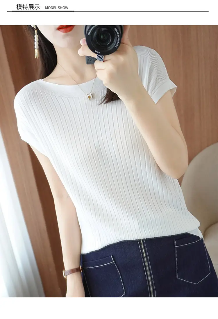 Women Curved Bead Ice Silk Knit T-Shirt 2025 Summer — feature 10