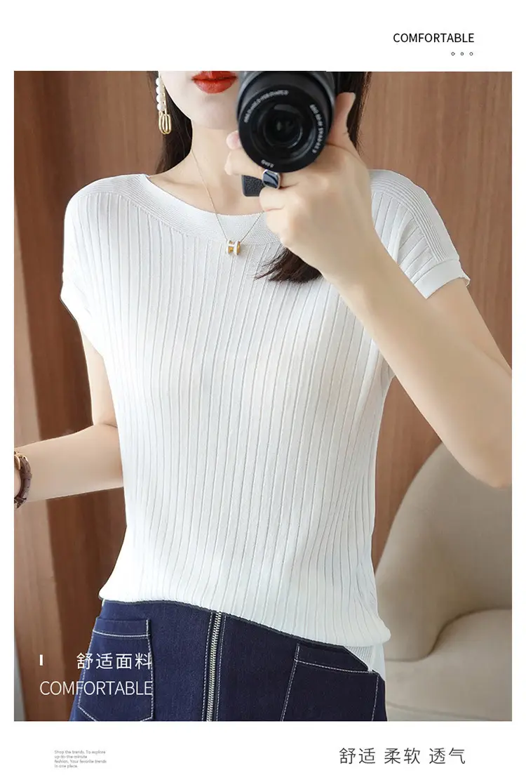 Women Curved Bead Ice Silk Knit T-Shirt 2025 Summer — feature 11