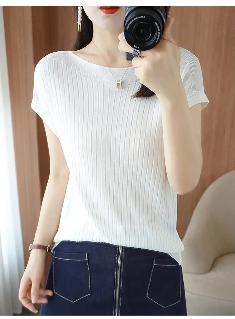Women Curved Bead Ice Silk Knit T-Shirt 2025 Summer — feature 12