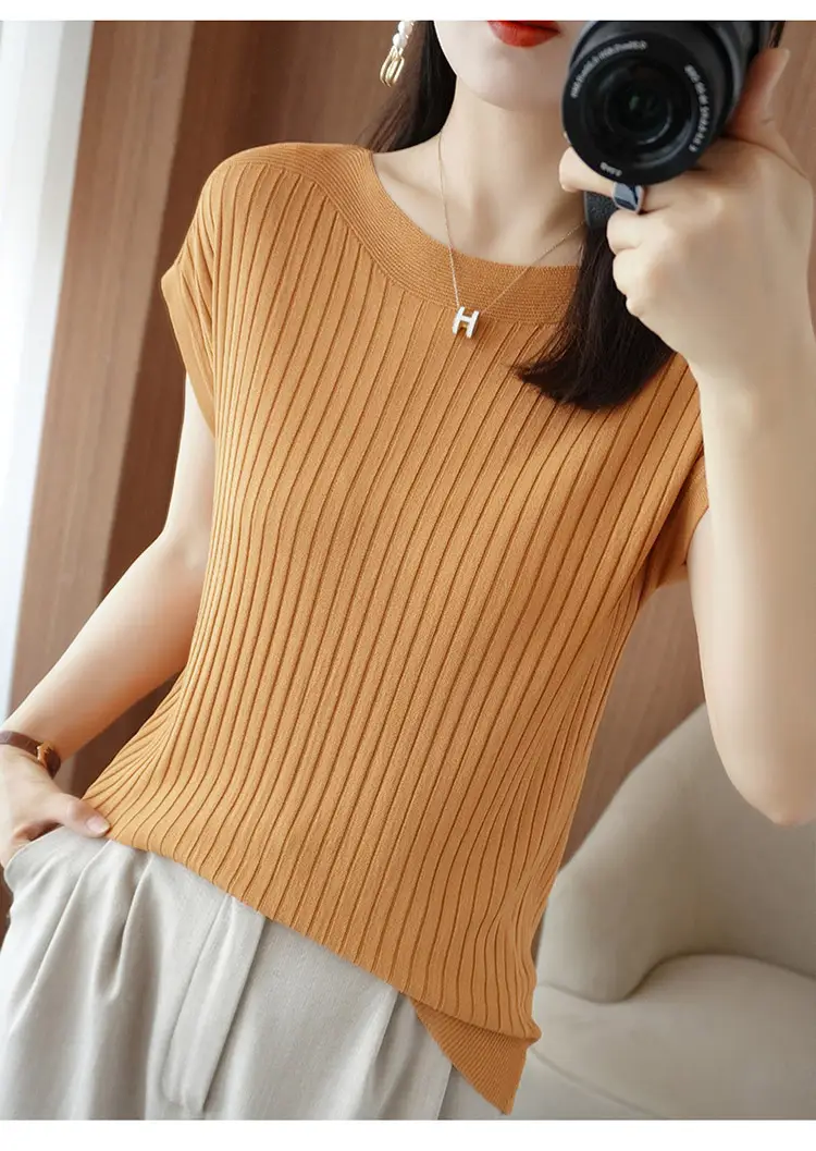 Women Curved Bead Ice Silk Knit T-Shirt 2025 Summer — feature 13