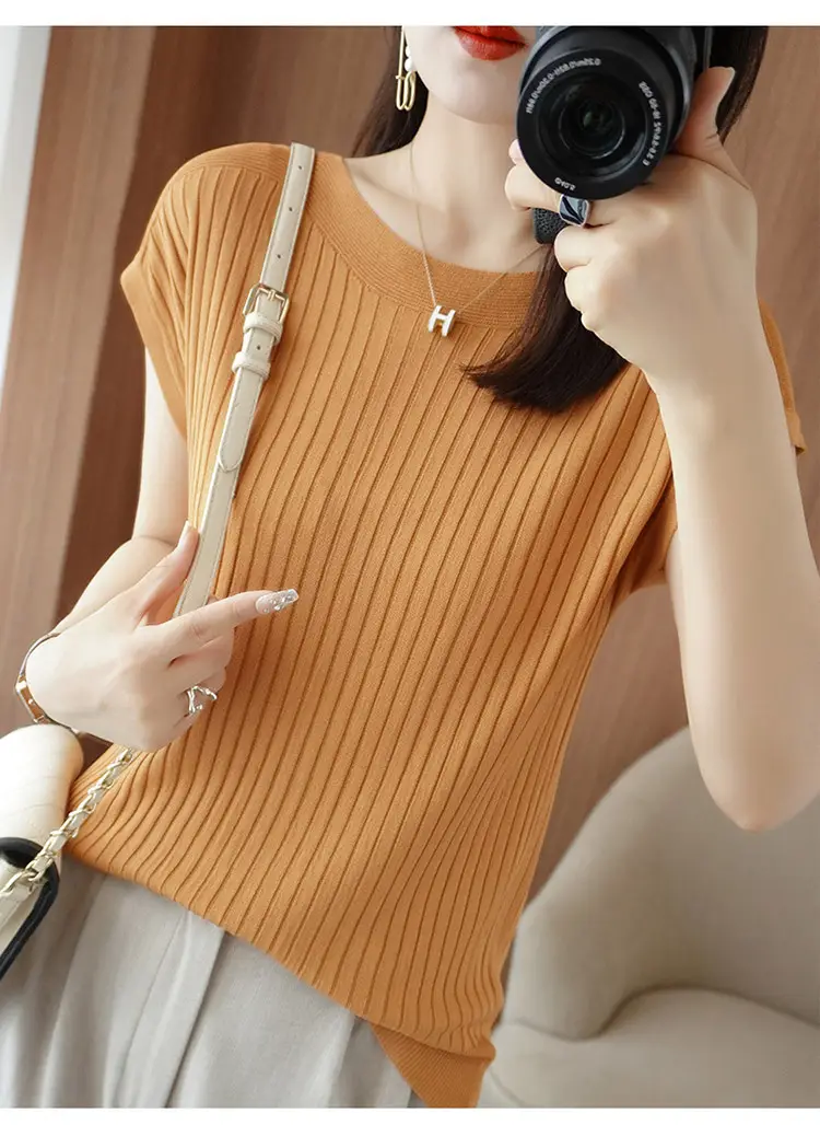 Women Curved Bead Ice Silk Knit T-Shirt 2025 Summer — feature 15
