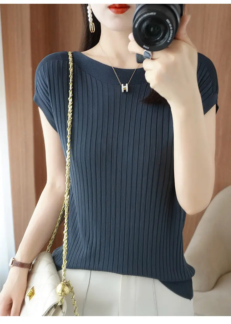 Women Curved Bead Ice Silk Knit T-Shirt 2025 Summer — feature 16