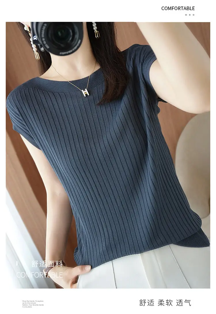 Women Curved Bead Ice Silk Knit T-Shirt 2025 Summer — feature 17