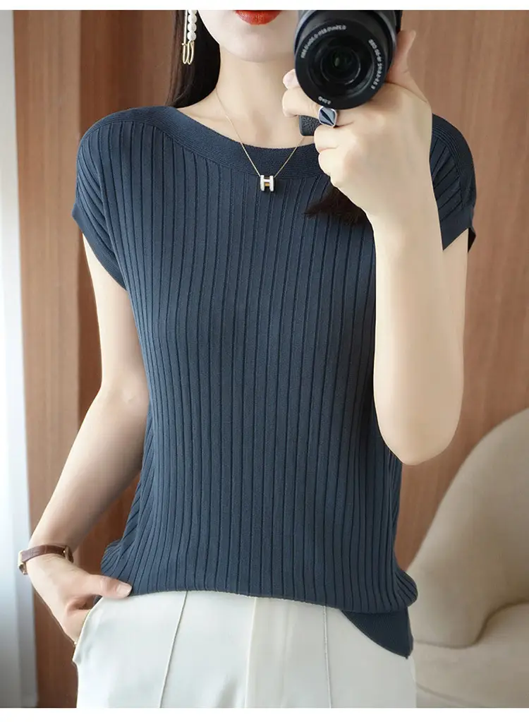 Women Curved Bead Ice Silk Knit T-Shirt 2025 Summer — feature 18