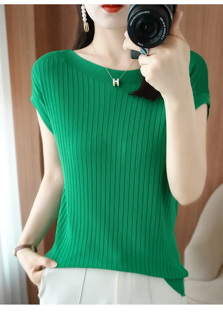 Women Curved Bead Ice Silk Knit T-Shirt 2025 Summer — feature 19