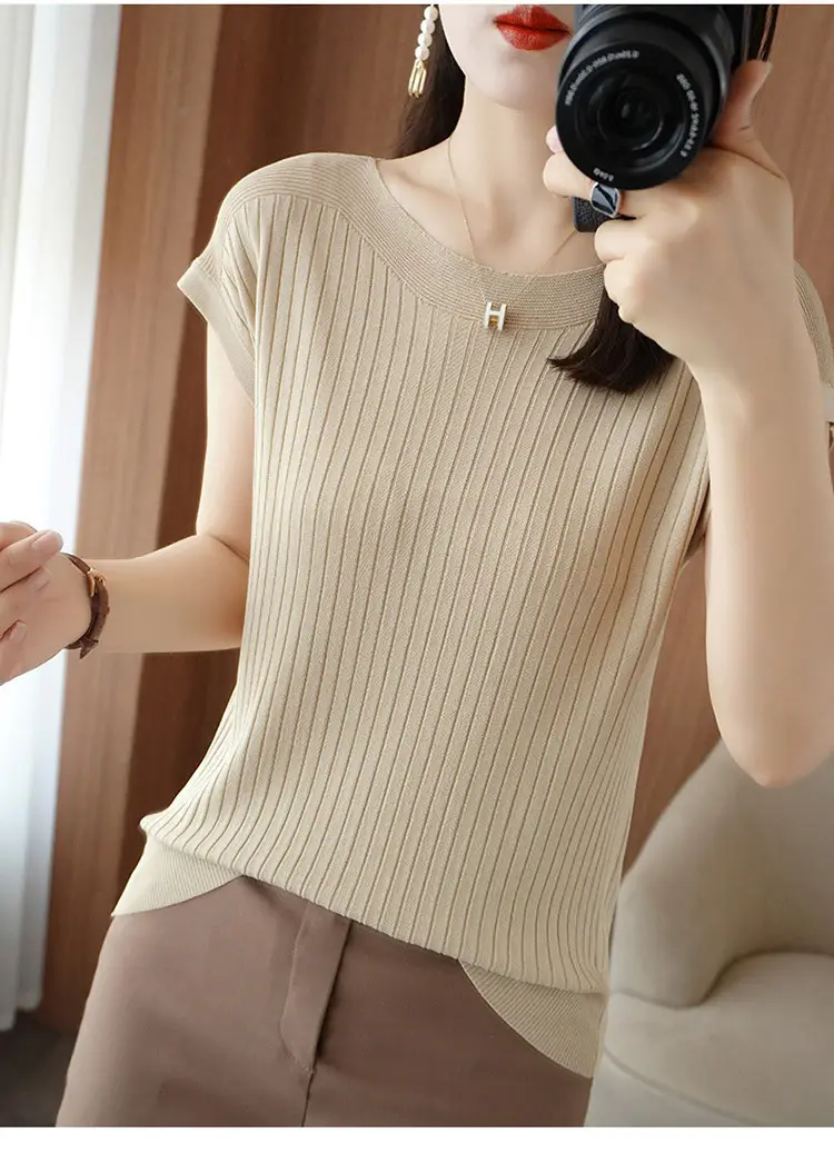 Women Curved Bead Ice Silk Knit T-Shirt 2025 Summer — feature 22