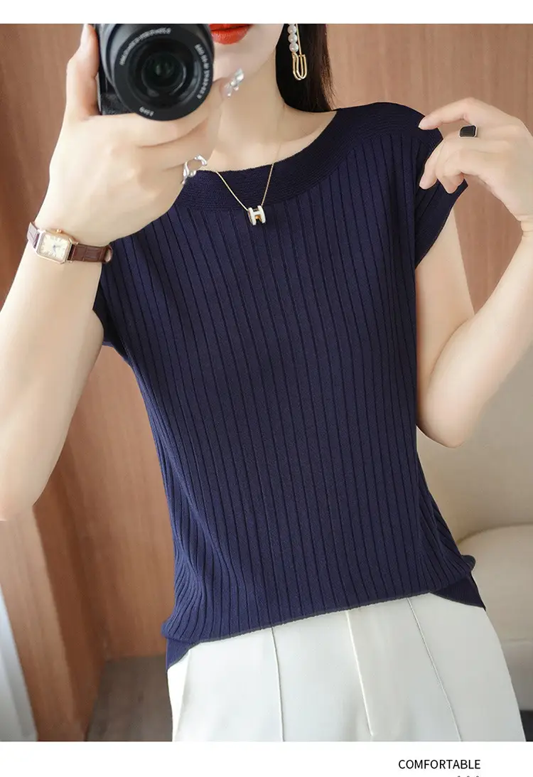 Women Curved Bead Ice Silk Knit T-Shirt 2025 Summer — feature 25