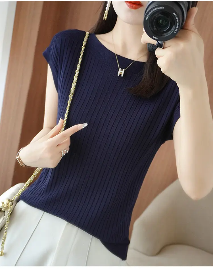 Women Curved Bead Ice Silk Knit T-Shirt 2025 Summer — feature 27