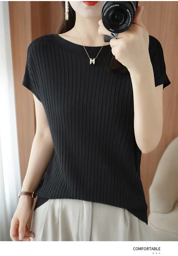 Women Curved Bead Ice Silk Knit T-Shirt 2025 Summer — feature 28