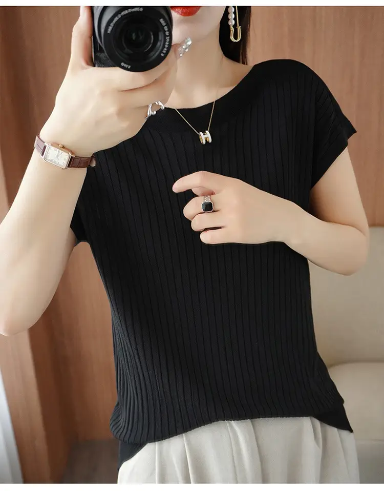 Women Curved Bead Ice Silk Knit T-Shirt 2025 Summer — feature 30