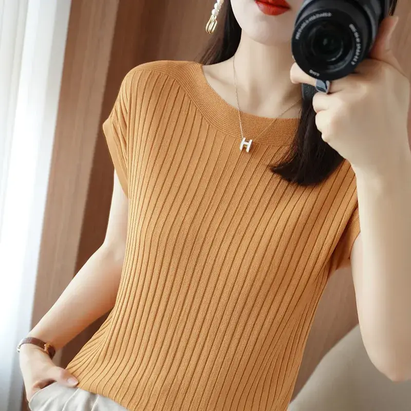 Women Curved Bead Ice Silk Knit T-Shirt 2025 Summer - Image 3