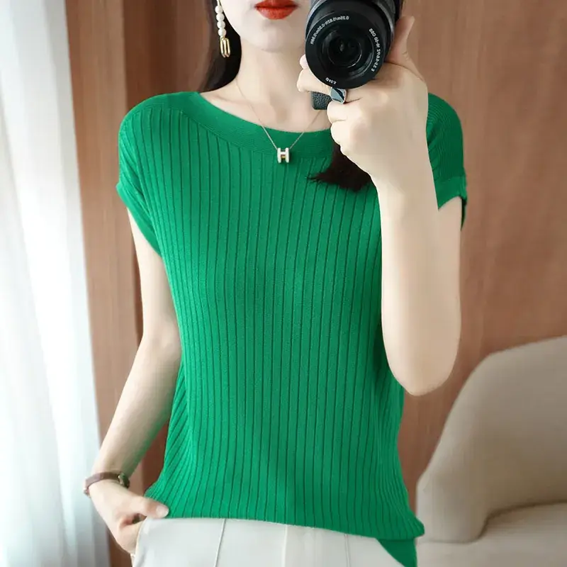 Women Curved Bead Ice Silk Knit T-Shirt 2025 Summer - Image 4