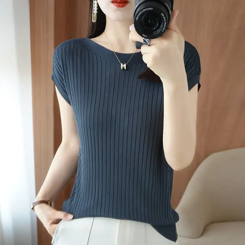 Women Curved Bead Ice Silk Knit T-Shirt 2025 Summer - Image 5