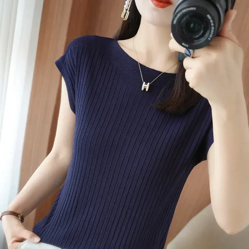 Women Curved Bead Ice Silk Knit T-Shirt 2025 Summer - Image 6